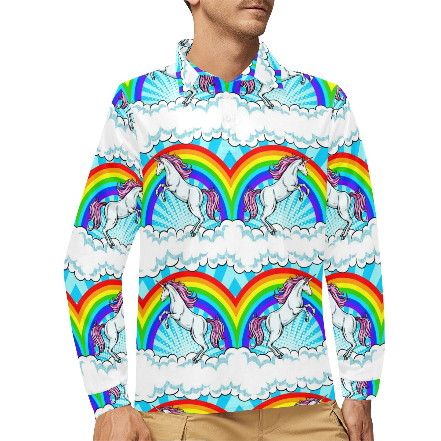 Unicorn Rainbow Long Sleeve Polo Shirt For Men's