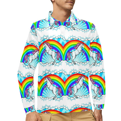 Unicorn Rainbow Long Sleeve Polo Shirt For Men's