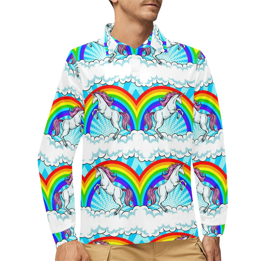 Unicorn Rainbow Long Sleeve Polo Shirt For Men's