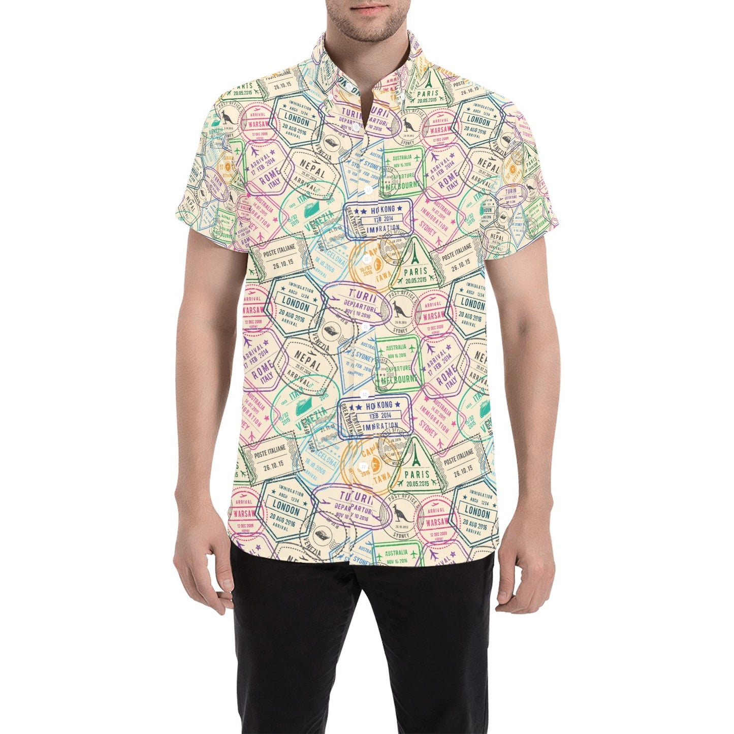 Travel Stamp Print Design LKS303 Men Short Sleeve Button Up Shirt