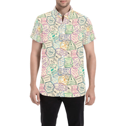 Travel Stamp Print Design LKS303 Men Short Sleeve Button Up Shirt