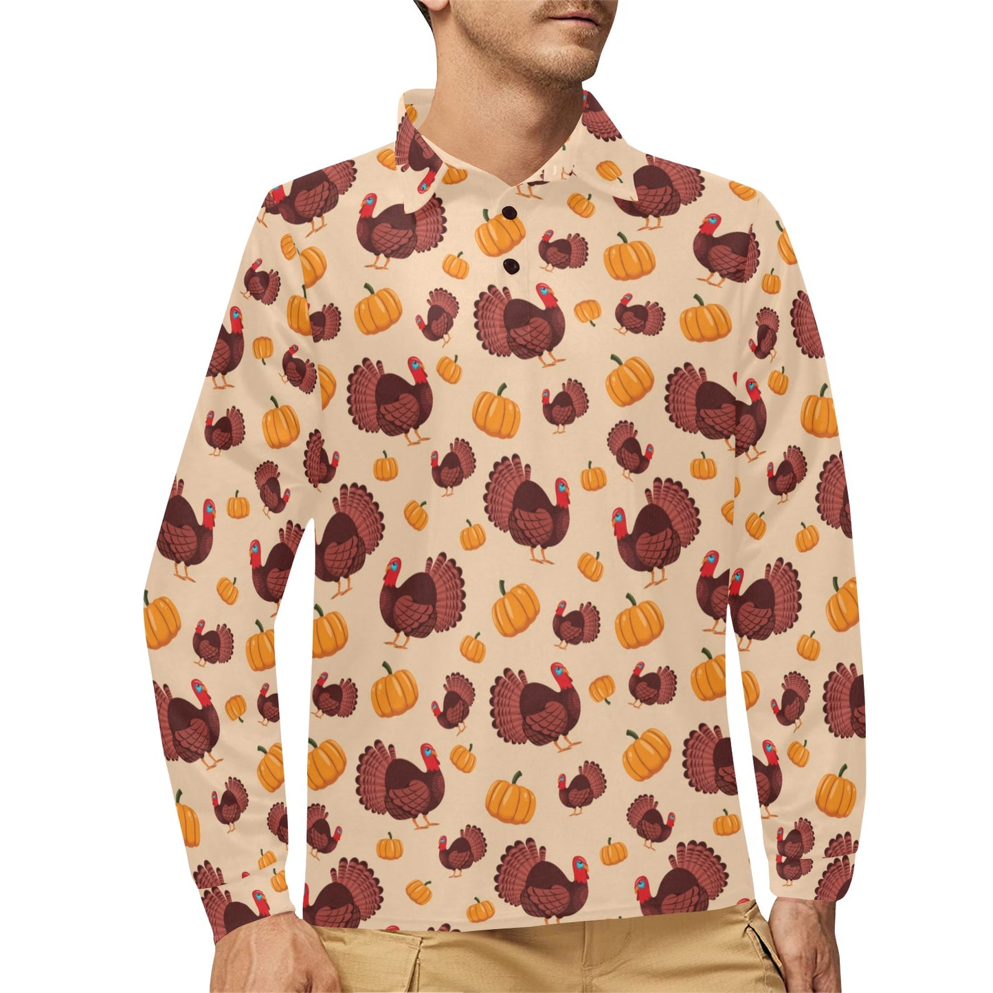 Thanksgiving Print Design LKS308 Long Sleeve Polo Shirt For Men's