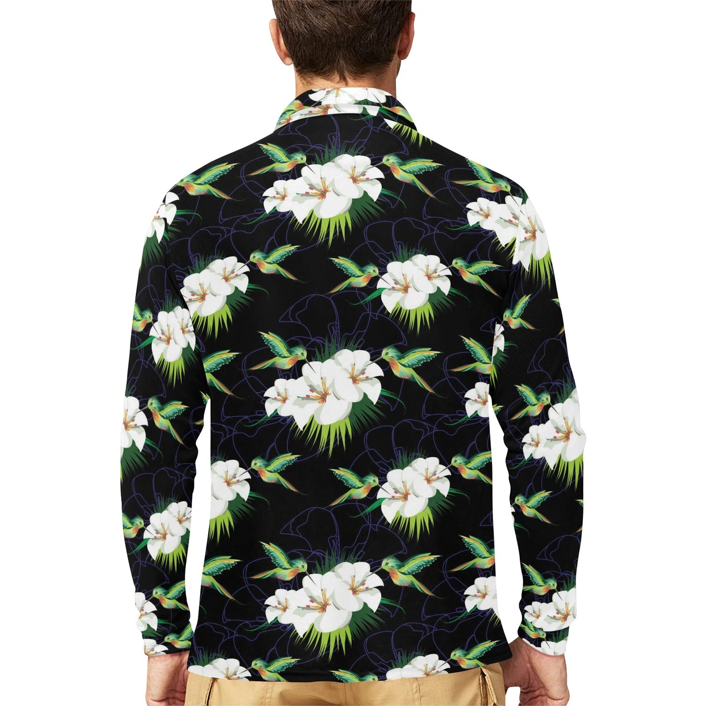 Hummingbird with Flower Pattern Print Design 03 Long Sleeve Polo Shirt For Men's
