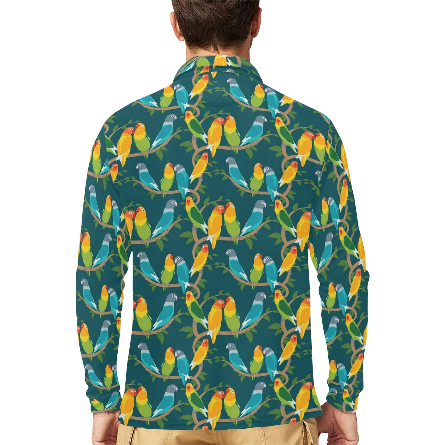 Lovebird Pattern Print Design 02 Long Sleeve Polo Shirt For Men's