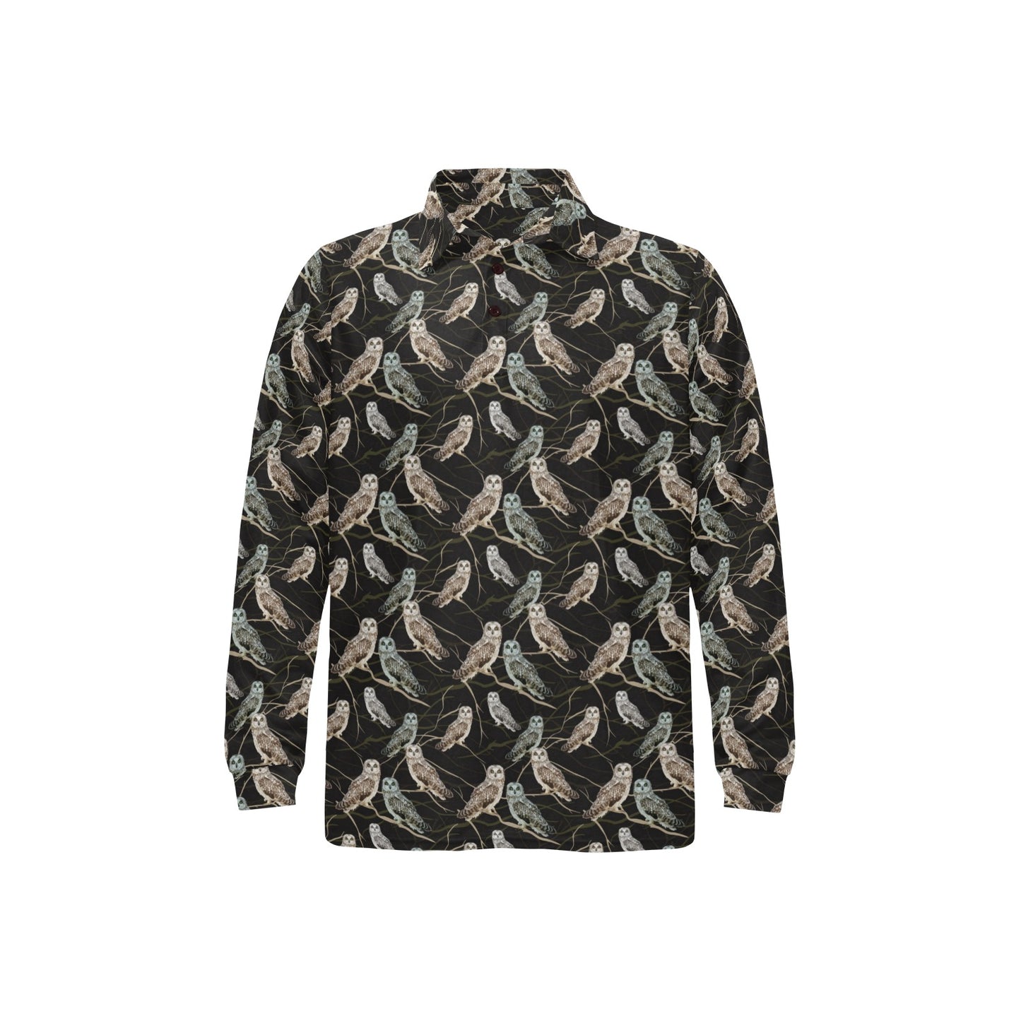 Owl Branch Themed Design Print Long Sleeve Polo Shirt For Men's