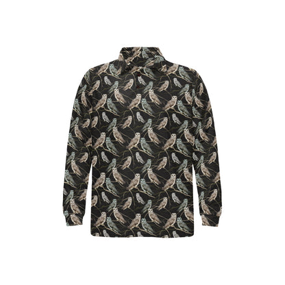 Owl Branch Themed Design Print Long Sleeve Polo Shirt For Men's