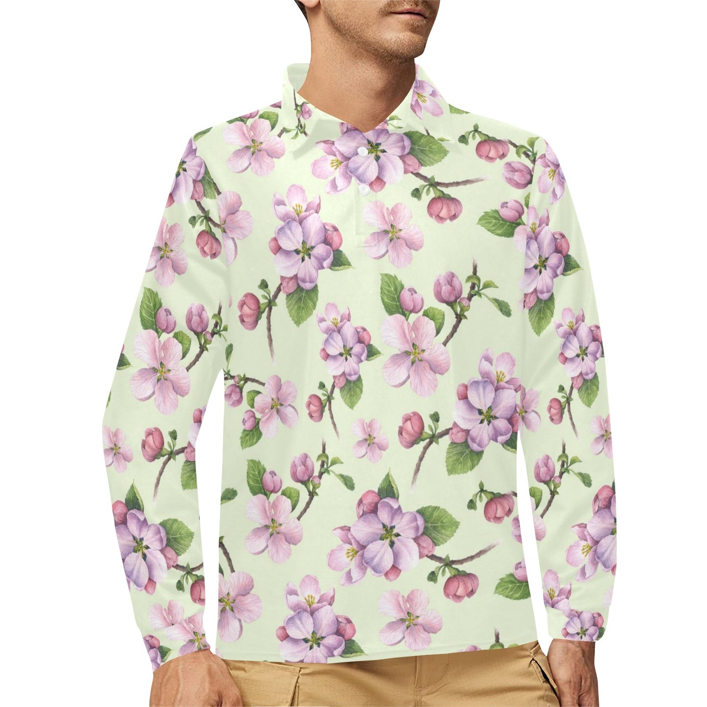 Apple blossom Pattern Print Design AB05 Long Sleeve Polo Shirt For Men's