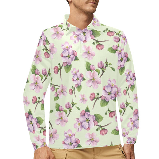 Apple blossom Pattern Print Design AB05 Long Sleeve Polo Shirt For Men's