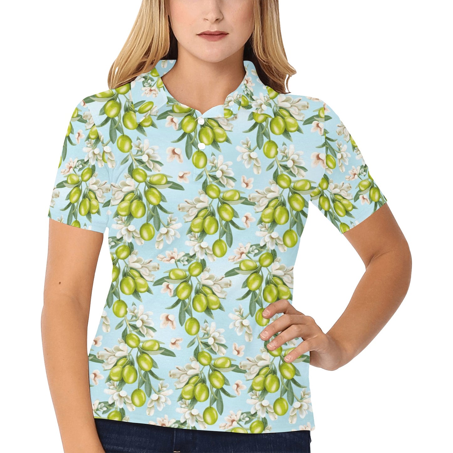 Elegant Olive Floral Print Women's Polo Shirt