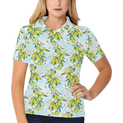 Elegant Olive Floral Print Women's Polo Shirt