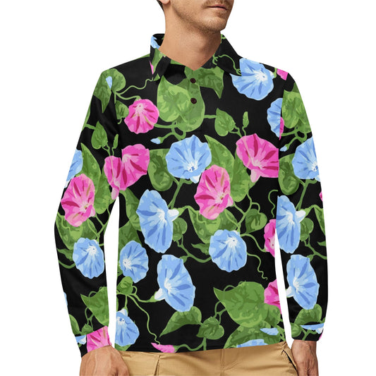Morning Glory Pattern Print Design MG04 Long Sleeve Polo Shirt For Men's