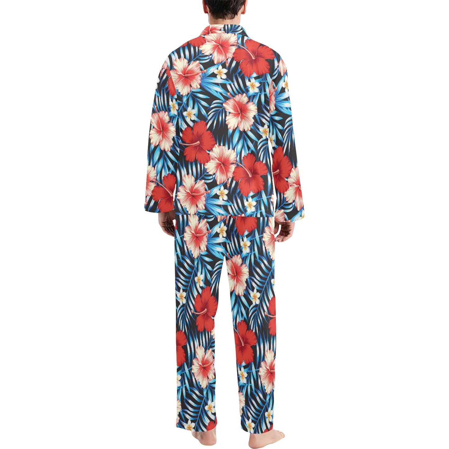 Red Hibiscus Blue Scene Men's Long Pajama Set