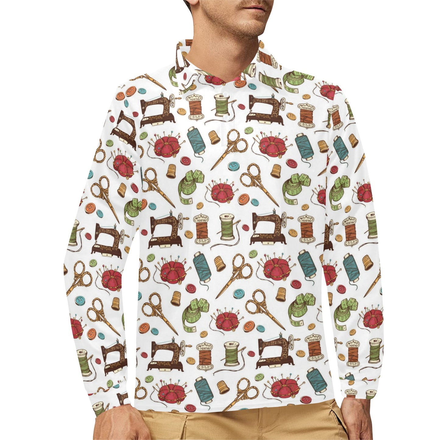 Sewing Equipment Print Design LKS304 Long Sleeve Polo Shirt For Men's