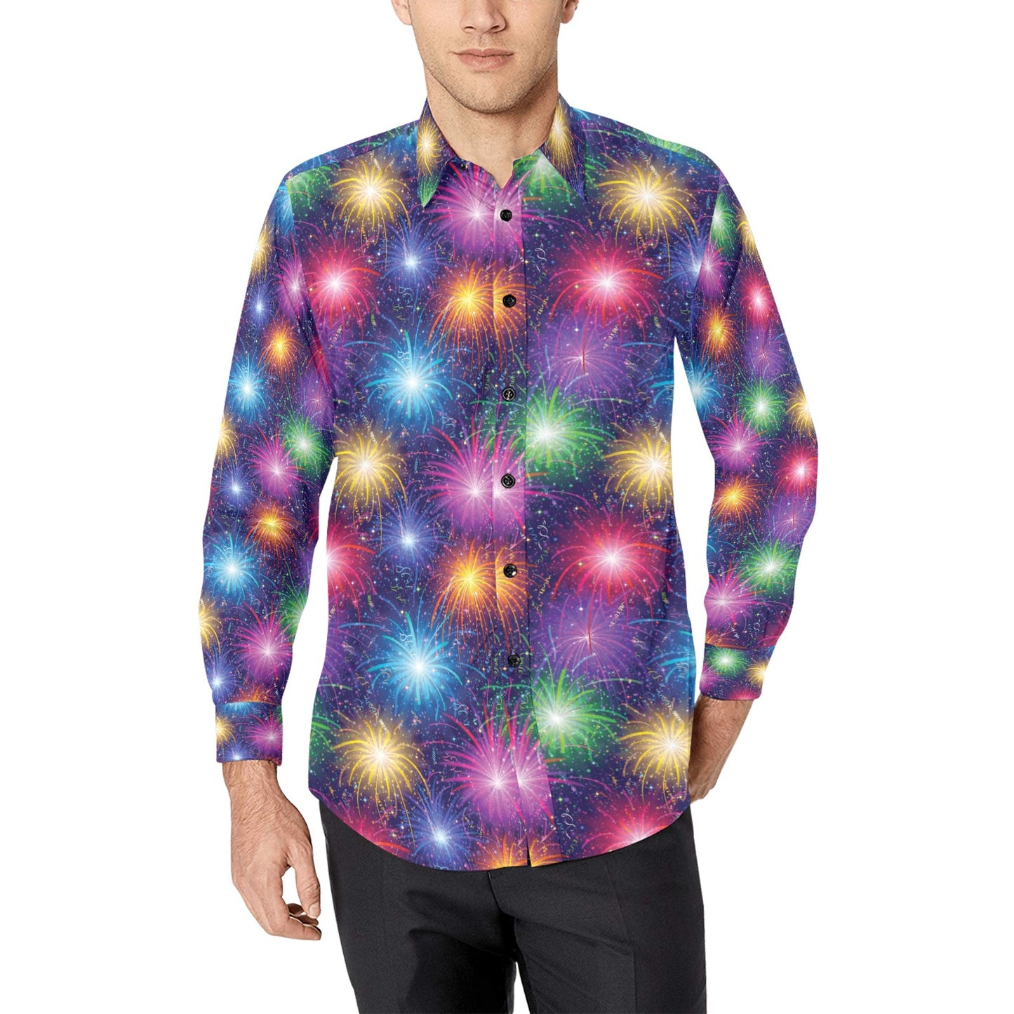 Firework Colorful Print Design LKS301 Men's Long Sleeve Dress Shirt