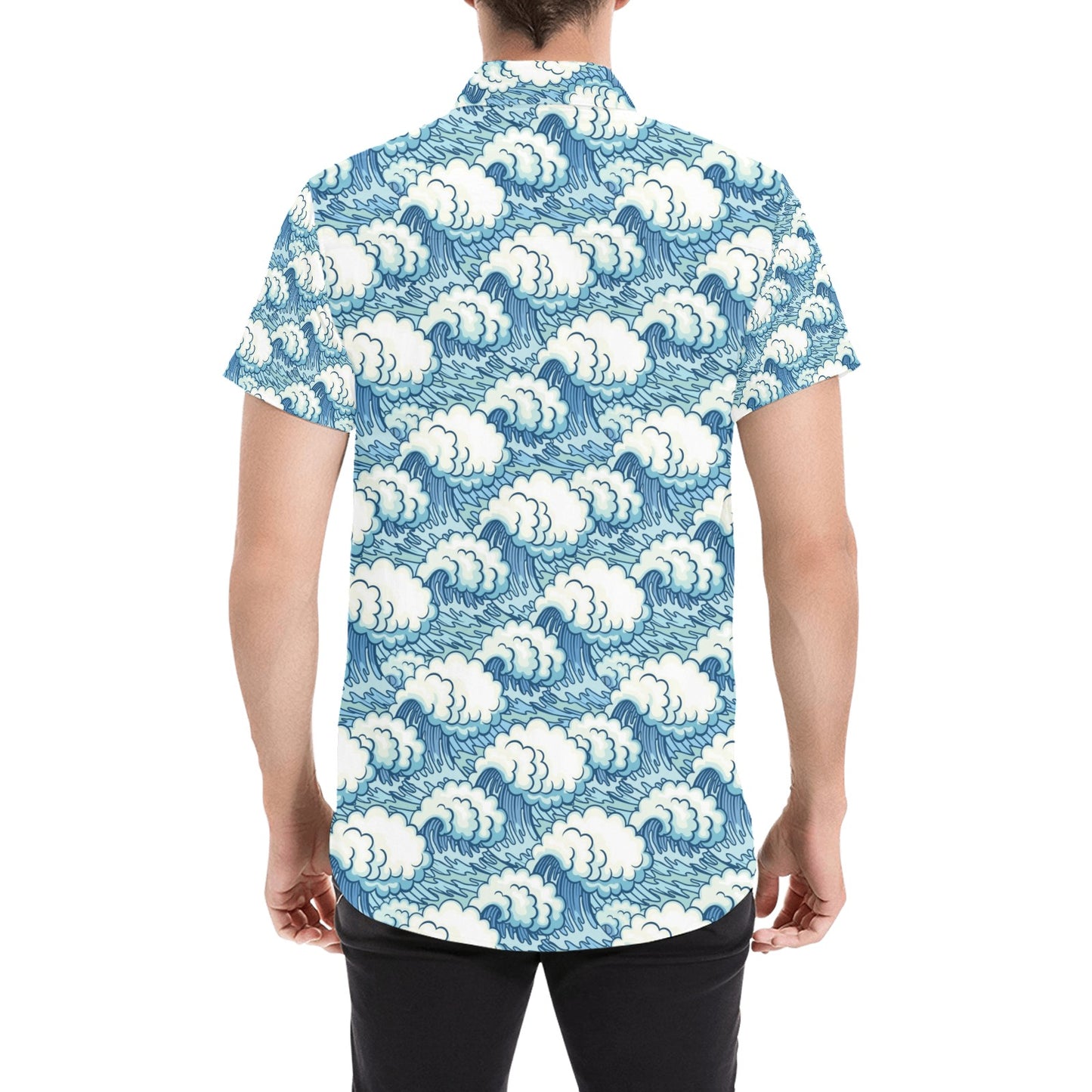 Wave Japan Style Print Design LKS304 Men Short Sleeve Button Up Shirt