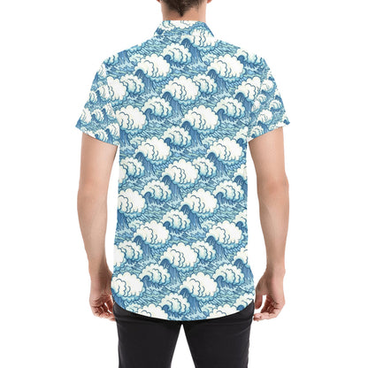 Wave Japan Style Print Design LKS304 Men Short Sleeve Button Up Shirt