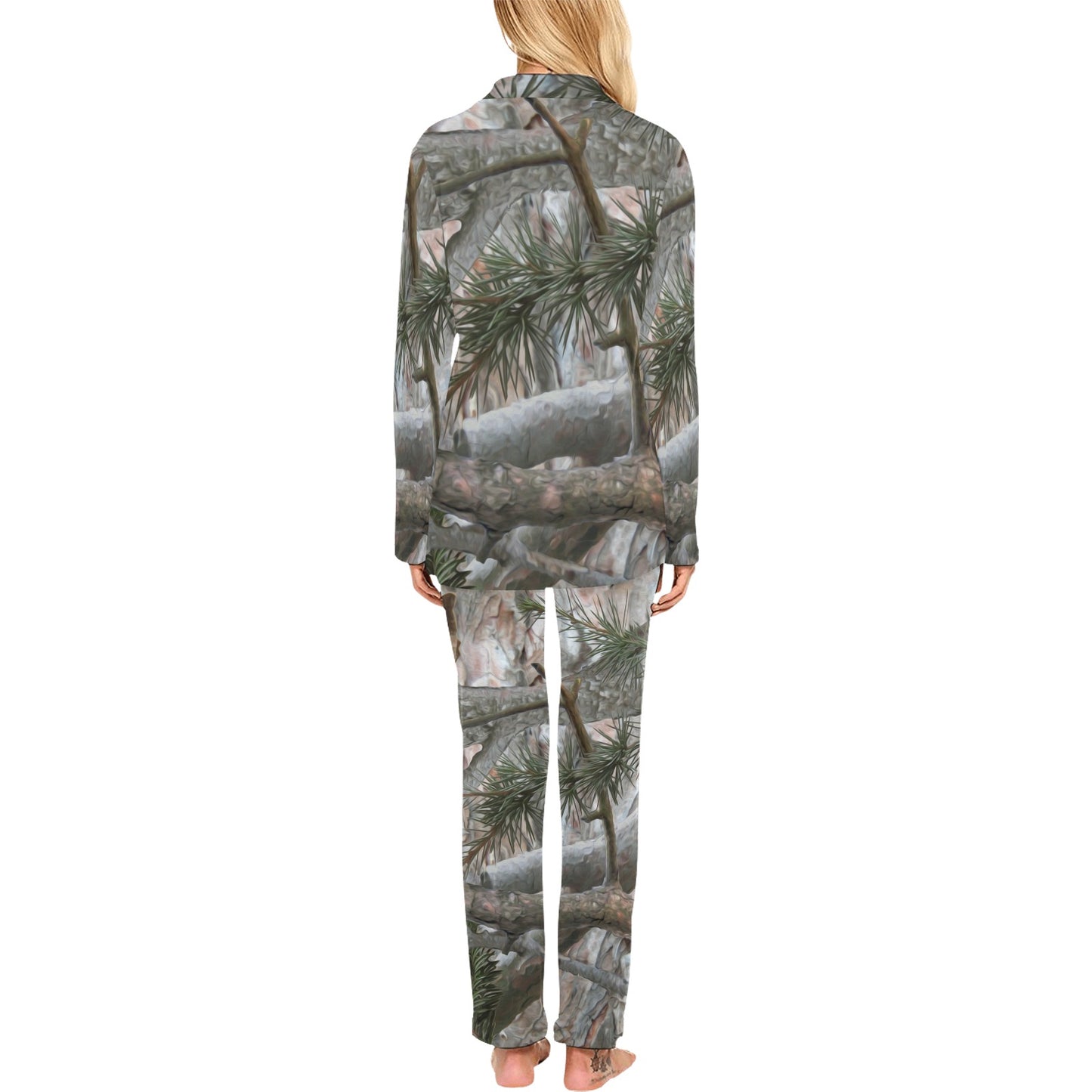 Camo Realistic Tree Forest Pattern Women's Long Pajama Set
