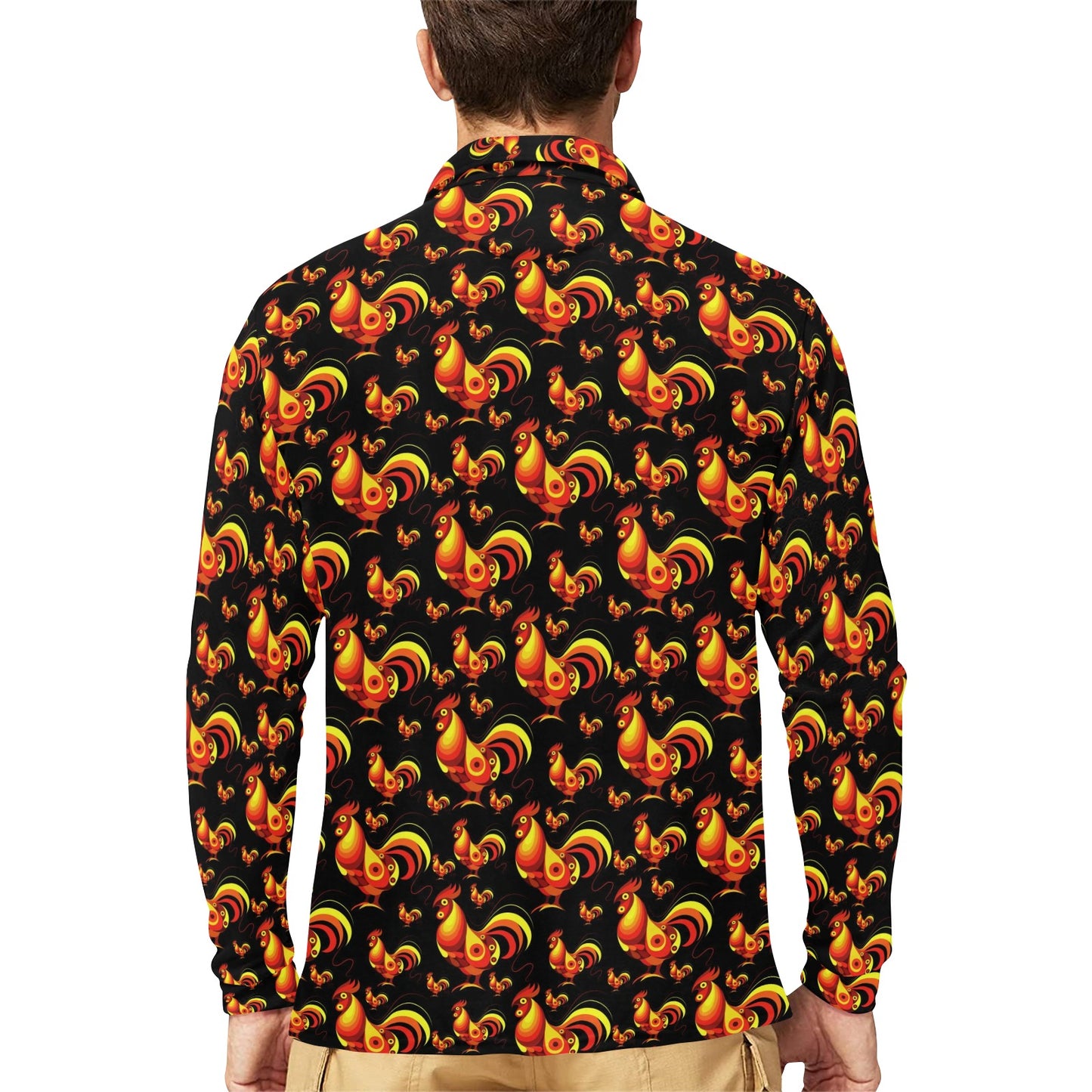 Rooster Print Themed Long Sleeve Polo Shirt For Men's