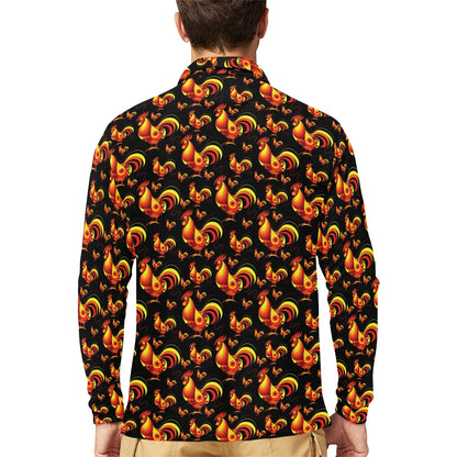 Rooster Print Themed Long Sleeve Polo Shirt For Men's