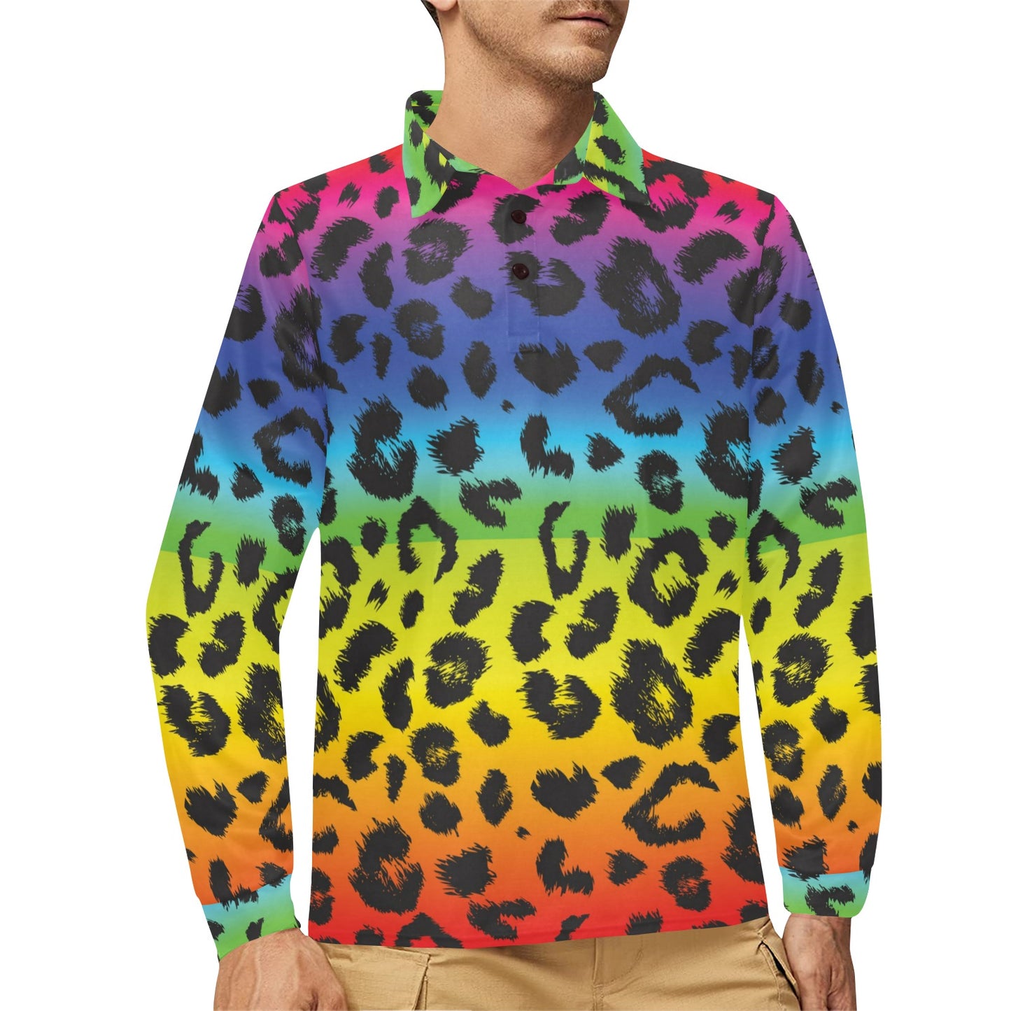 Rainbow Leopard Pattern Print Design A01 Long Sleeve Polo Shirt For Men's