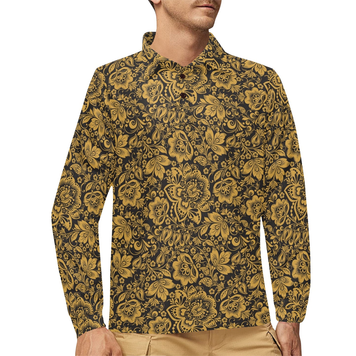 Brocade Gold Pattern Print Design 01 Long Sleeve Polo Shirt For Men's
