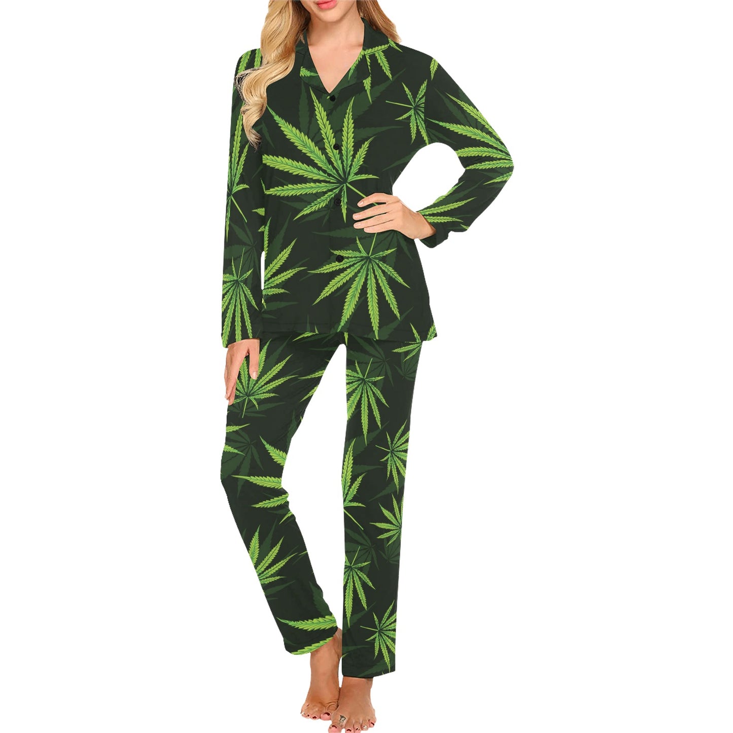 Pot Leaf Pattern Print Design A03 Women's Long Pajama Set