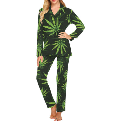 Pot Leaf Pattern Print Design A03 Women's Long Pajama Set