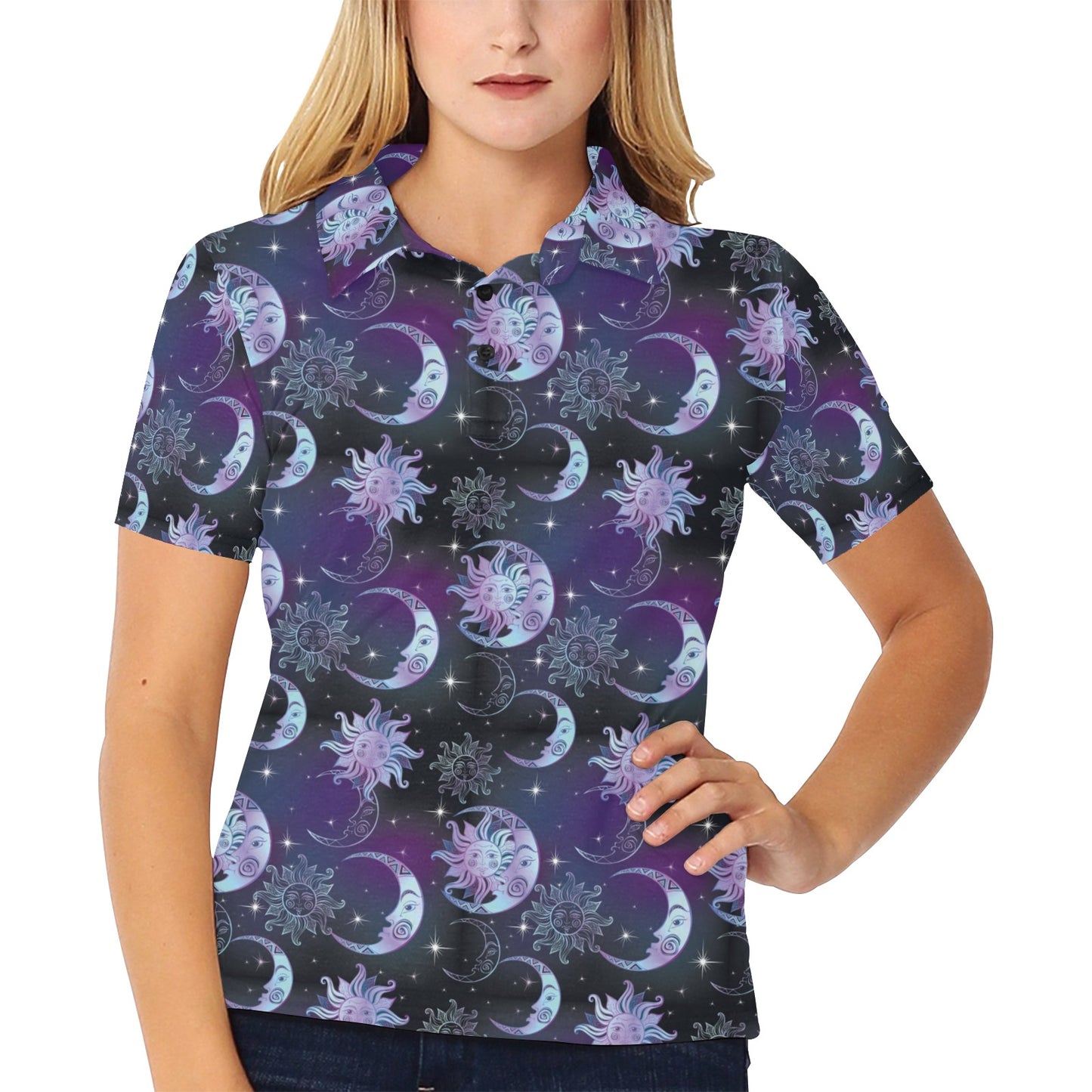 Sun Moon Print Design LKS303 Women's Polo Shirt
