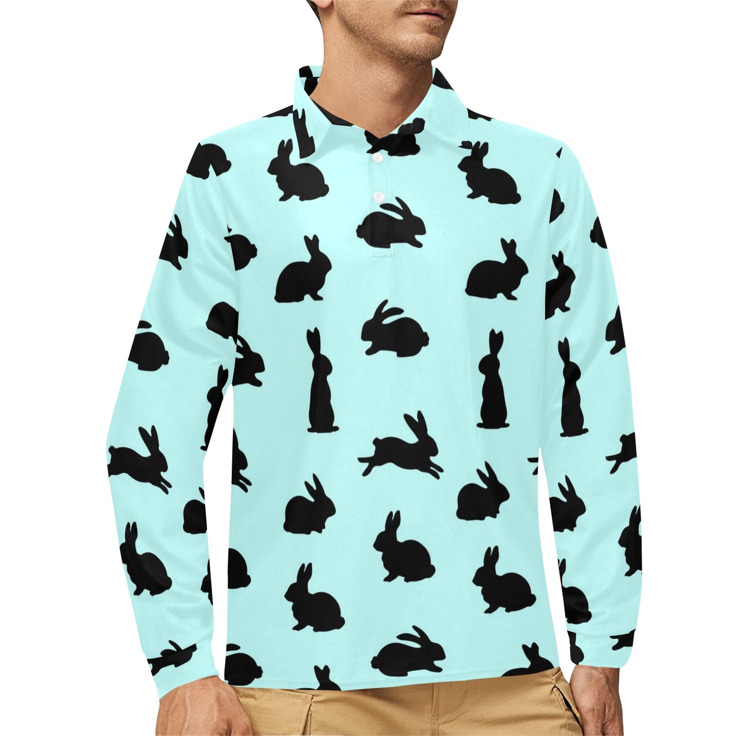 Rabbit Pattern Print Design RB010 Long Sleeve Polo Shirt For Men's