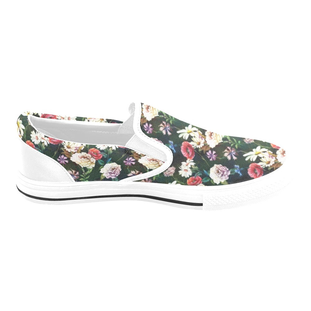 Summer Floral Print Design LKS303 White Slip Ons Canvas Women's Shoes