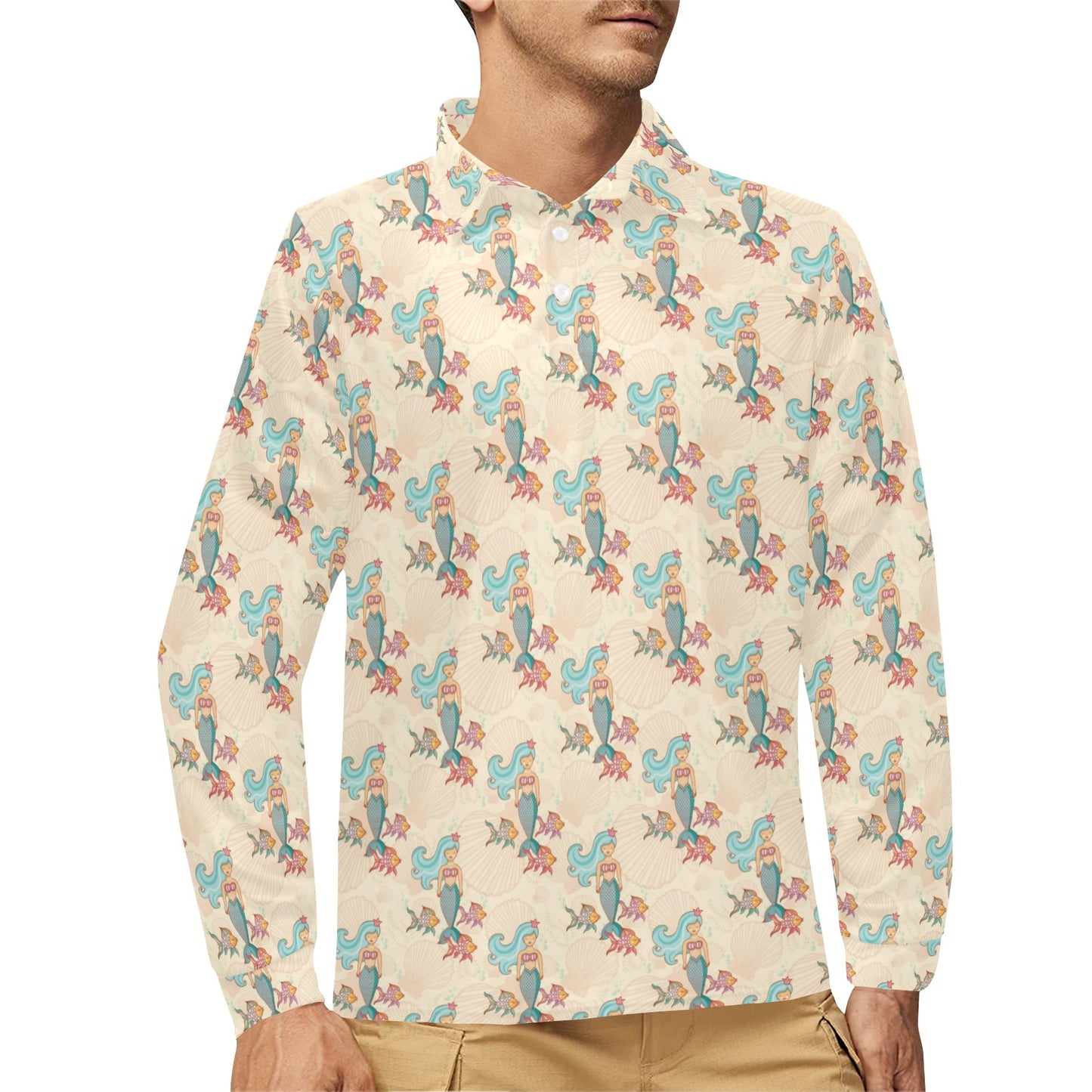 Mermaid Girl With Fish Design Print Long Sleeve Polo Shirt For Men's