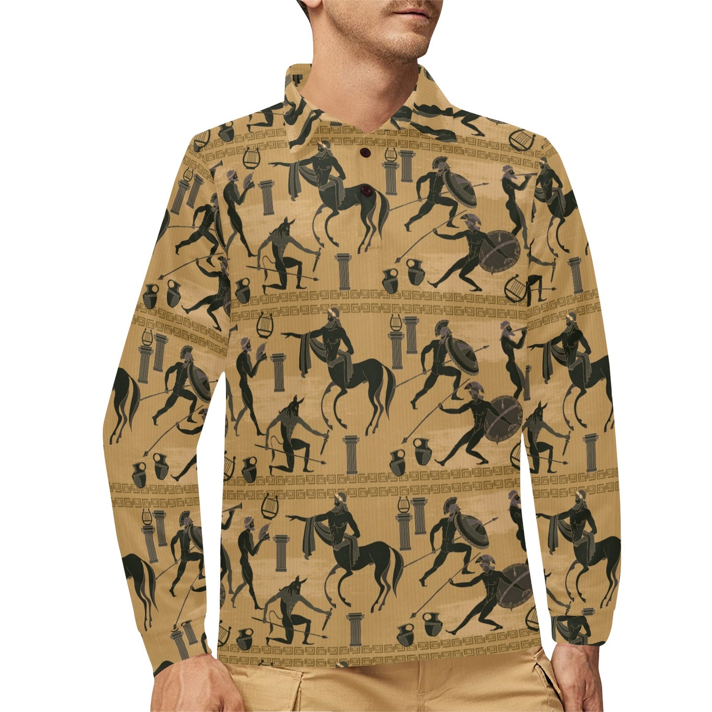 Ancient Greek Statue Print Design LKS304 Long Sleeve Polo Shirt For Men's