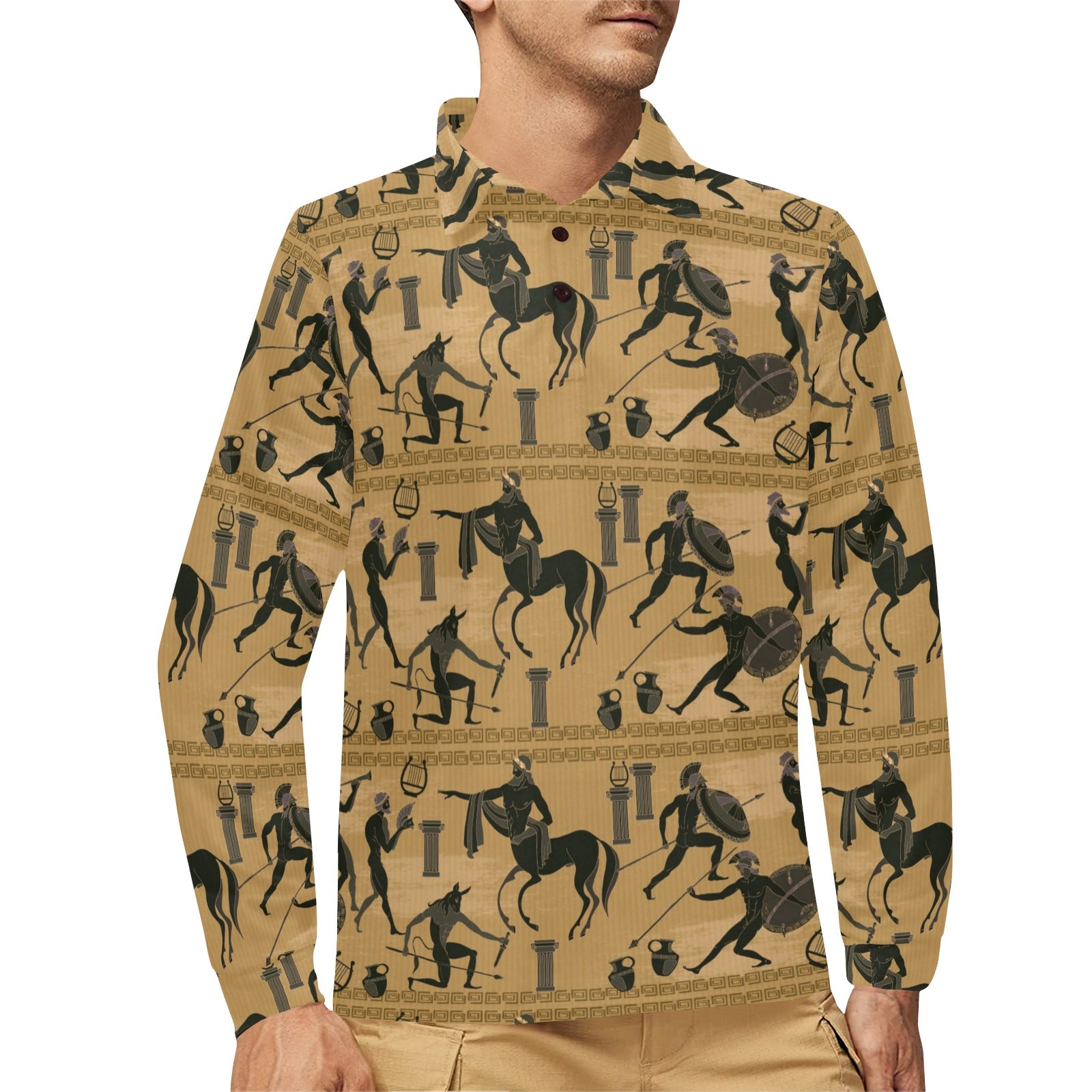 Ancient Greek Statue Print Design LKS304 Long Sleeve Polo Shirt For Men's