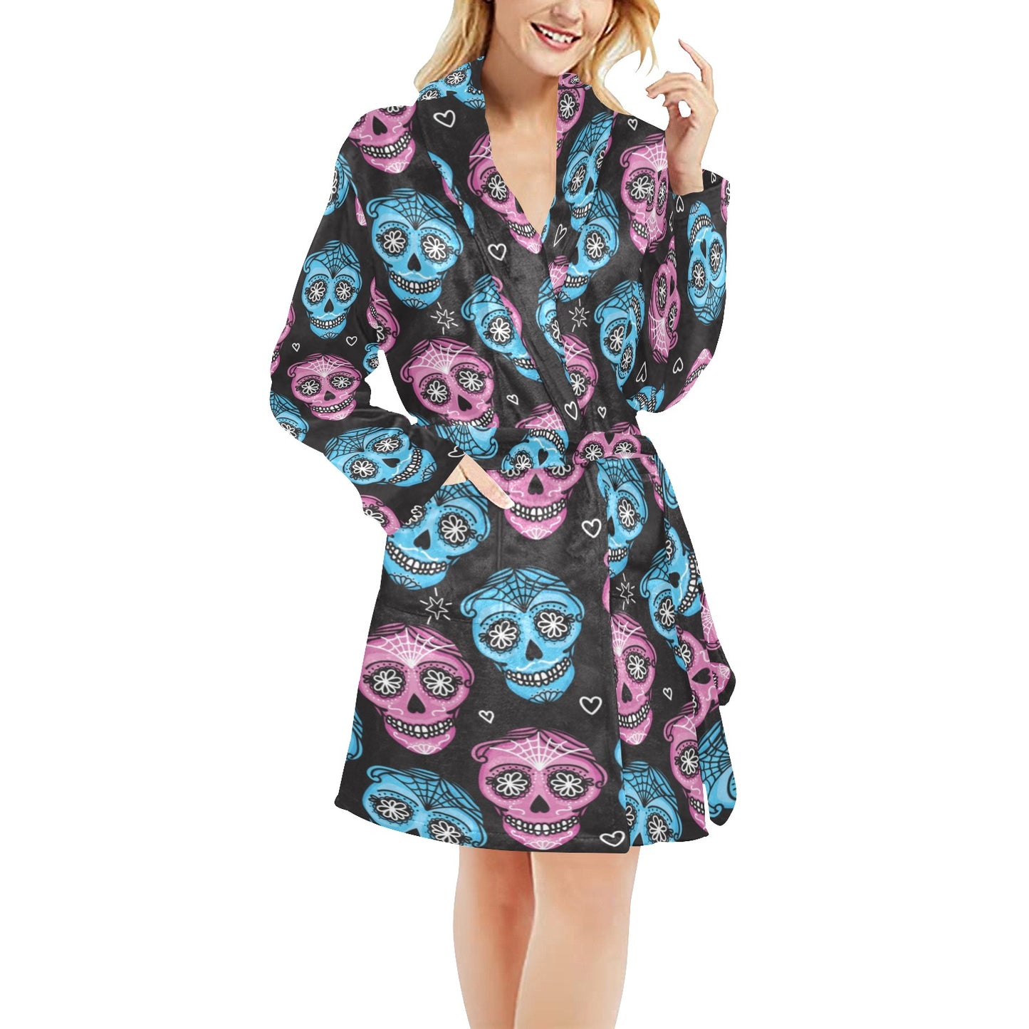Day of the Dead Skull Print Pattern Women's Fleece Robe