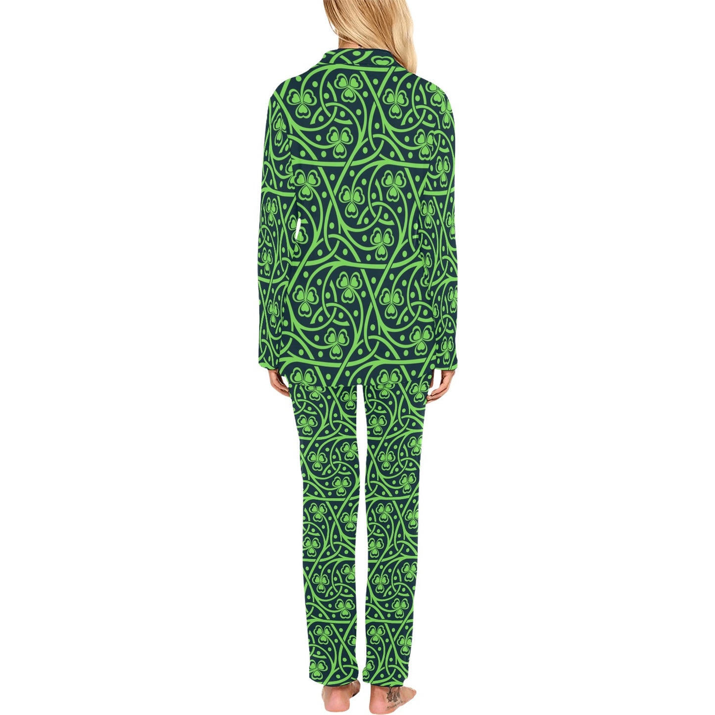 Shamrock Themed Print Women's Long Pajama Set