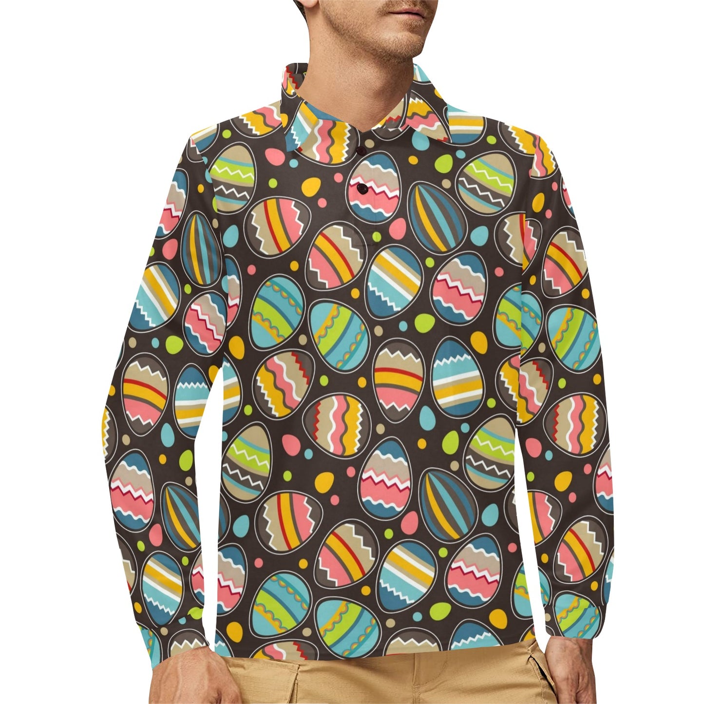 Easter Eggs Pattern Print Design RB03 Long Sleeve Polo Shirt For Men's