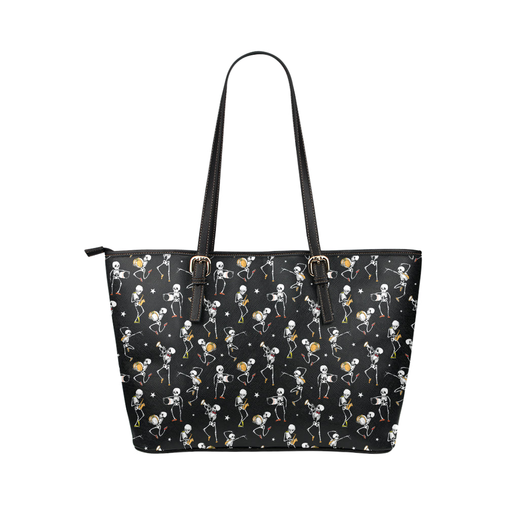 Skeleton Dance Print Leather Tote Bag