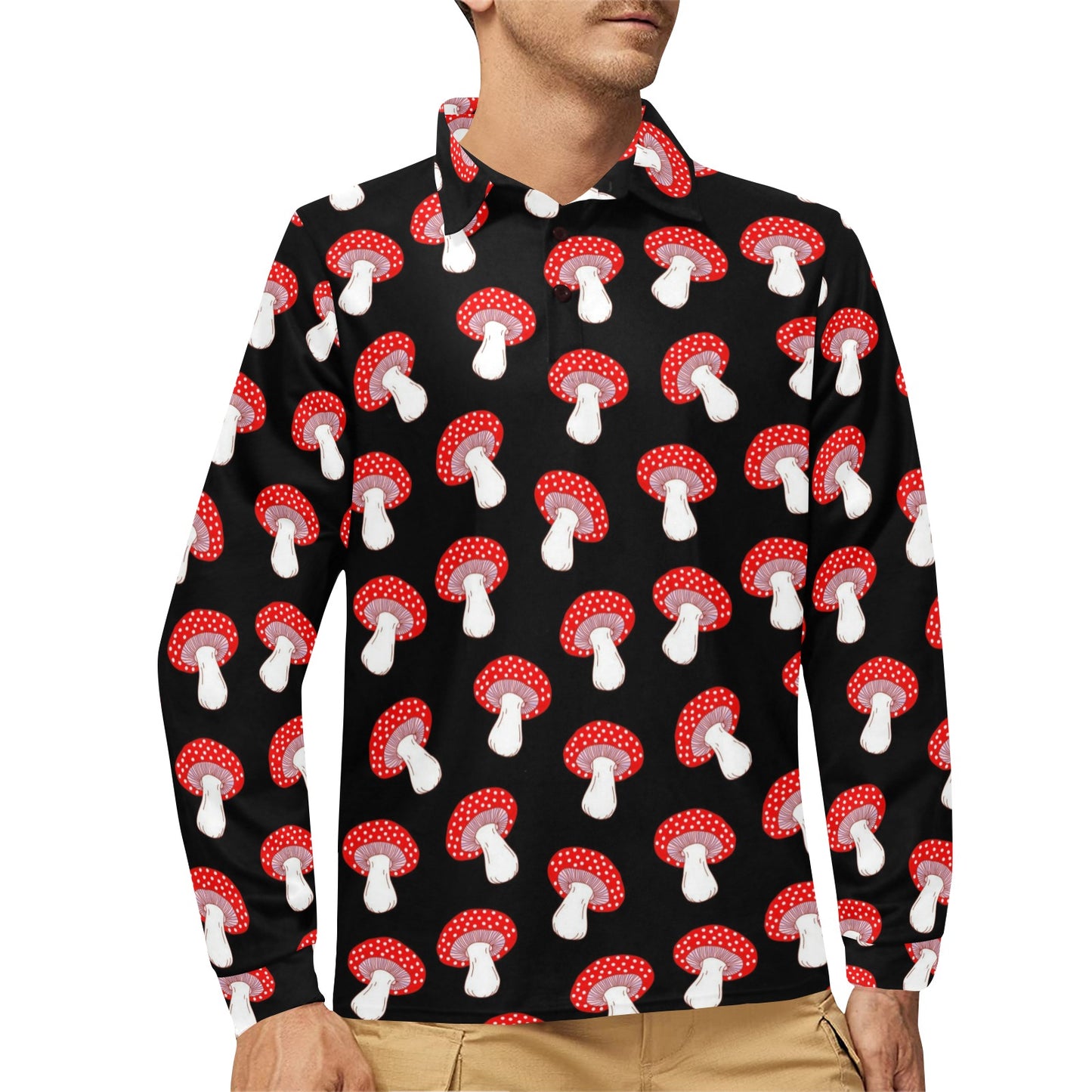 Mushroom Pattern Print Design A02 Long Sleeve Polo Shirt For Men's