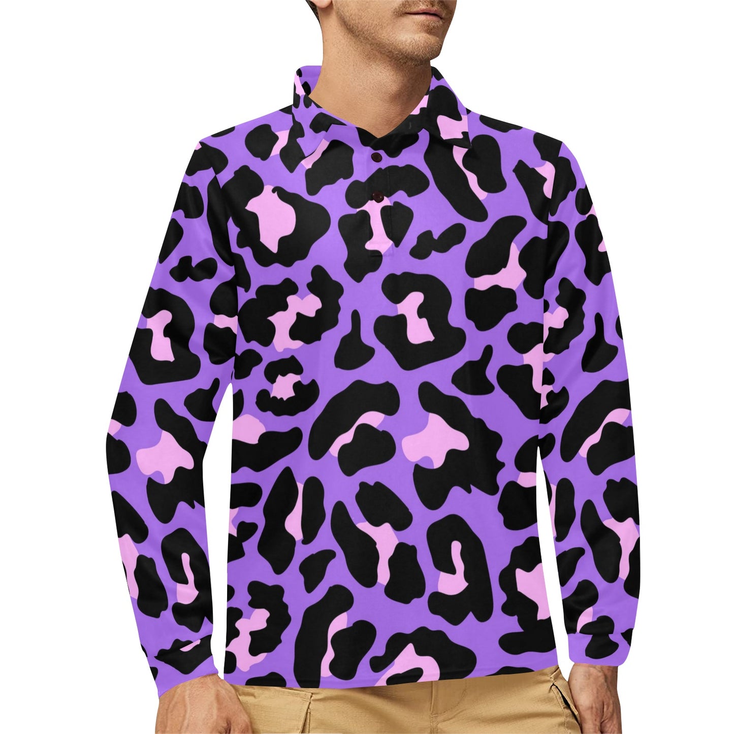 Cheetah Purple Neon Print Pattern Long Sleeve Polo Shirt For Men's