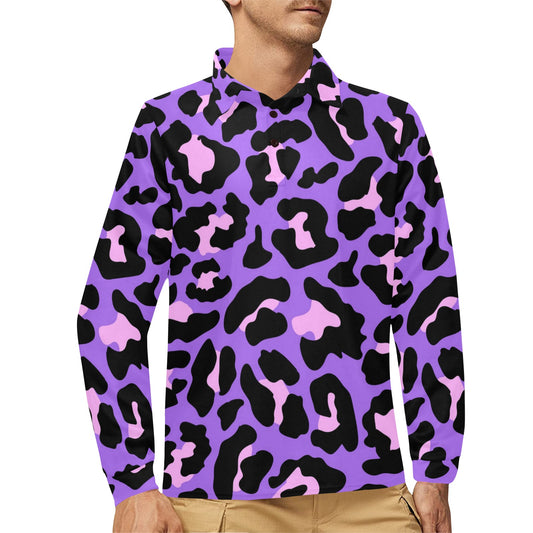 Cheetah Purple Neon Print Pattern Long Sleeve Polo Shirt For Men's
