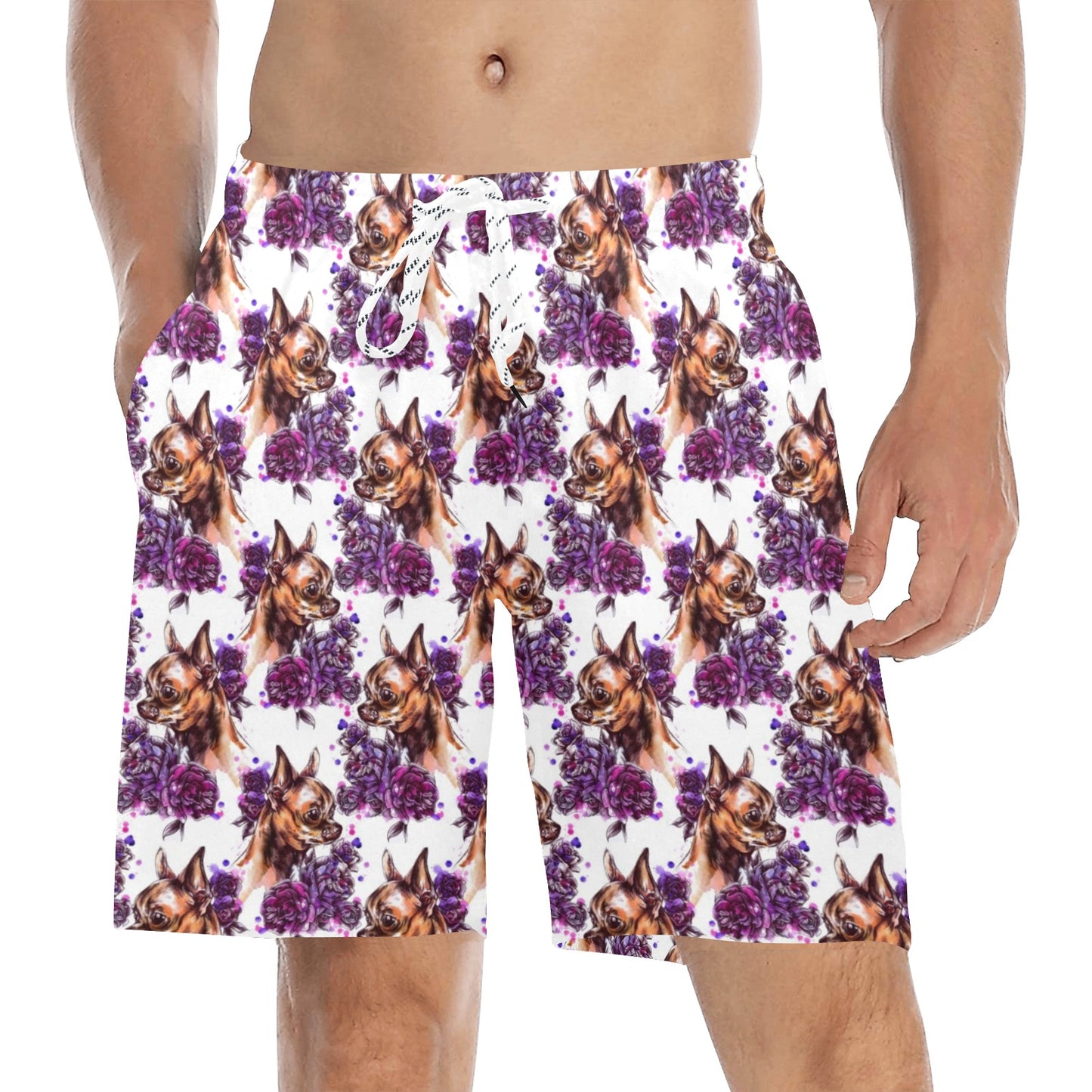 Chihuahua Purple Floral Men's Swim Trunks Beach Shorts