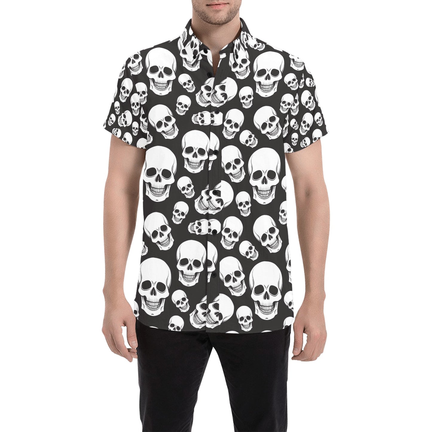 Skull Print Design LKS301 Men Short Sleeve Button Up Shirt