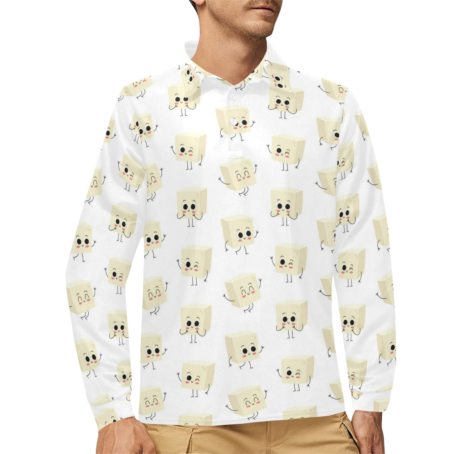 Tofu Print Design LKS301 Long Sleeve Polo Shirt For Men's