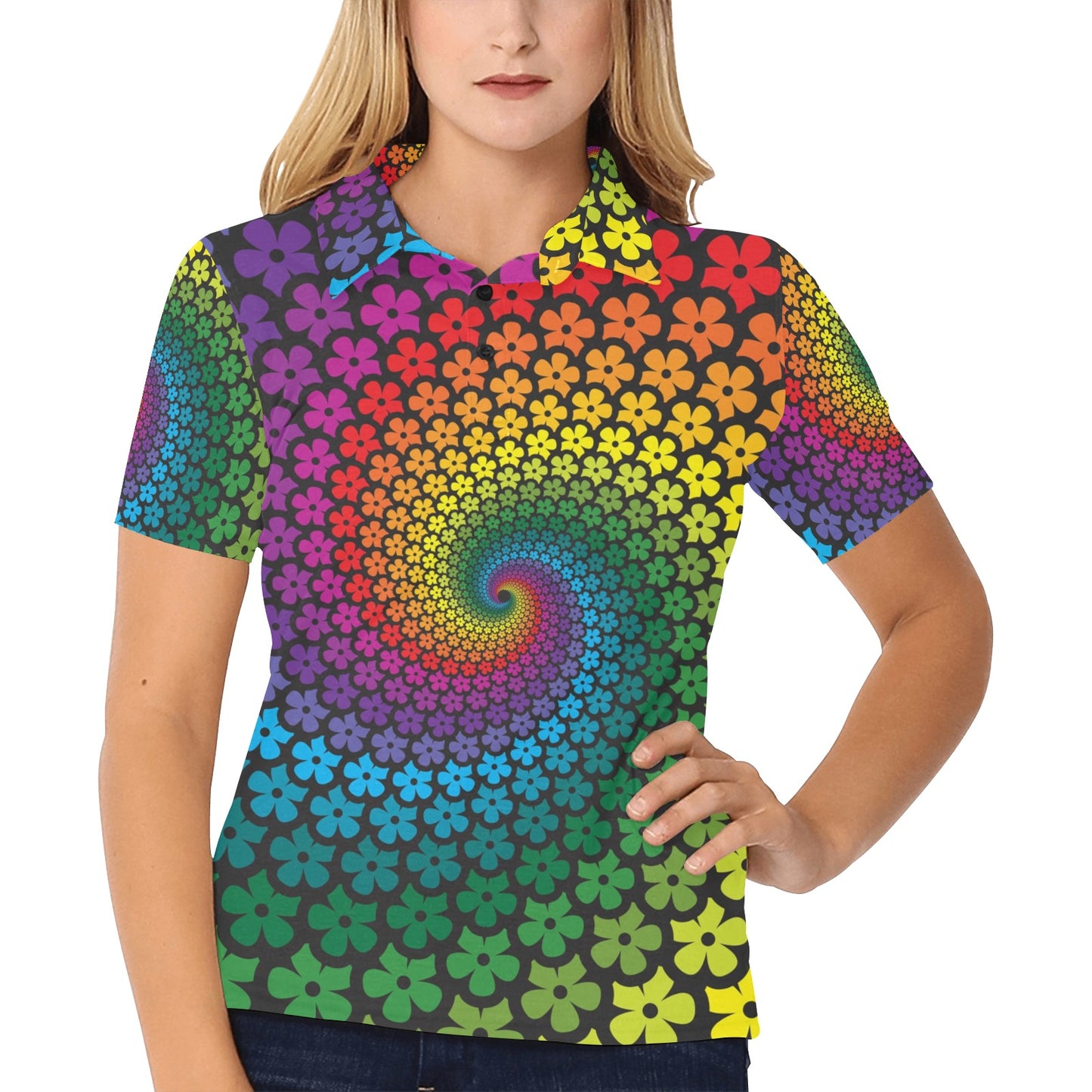 Flower Power Rainbow Spiral Print Women's Polo Shirt