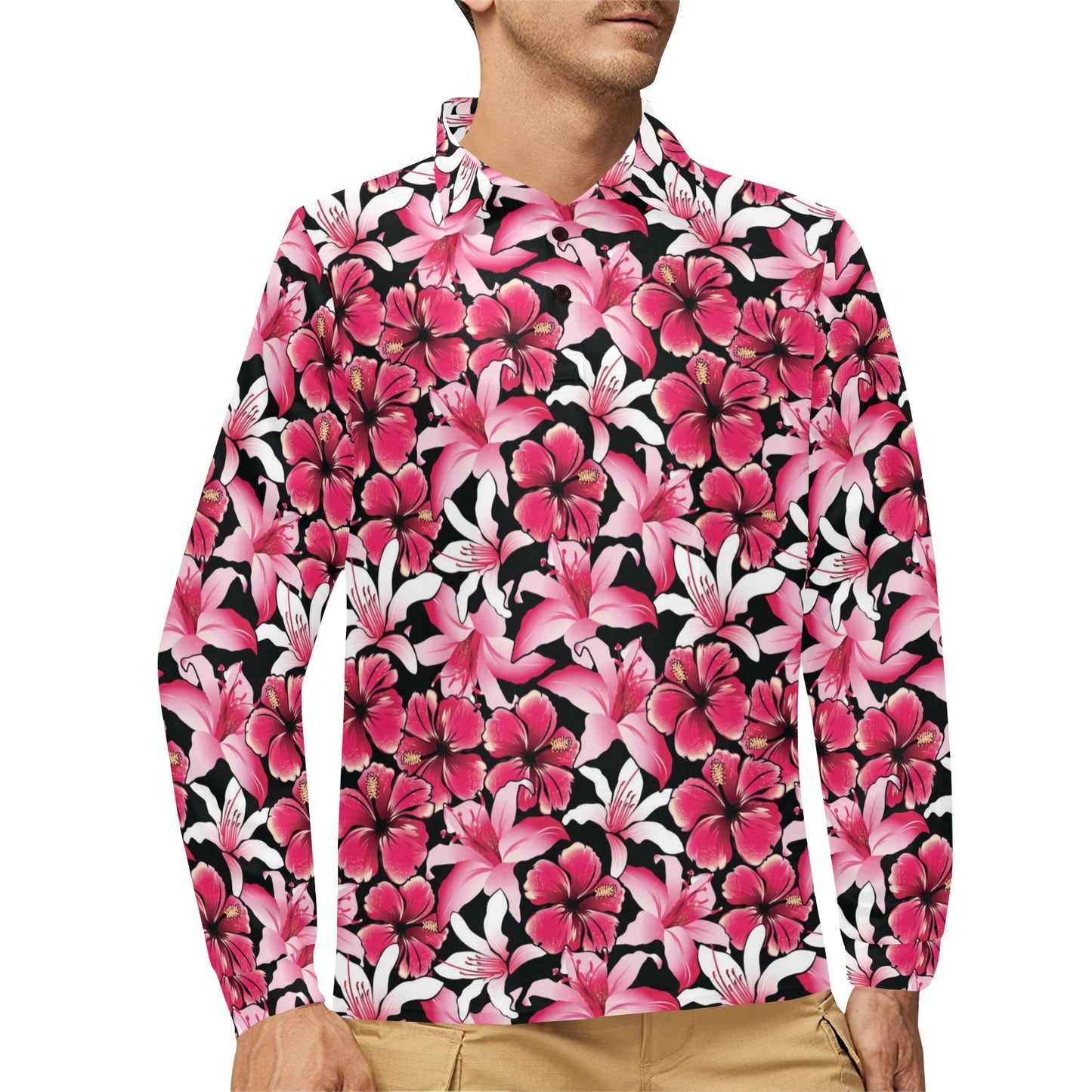 Flower Hawaiian Pink Red Hibiscus Print Long Sleeve Polo Shirt For Men's