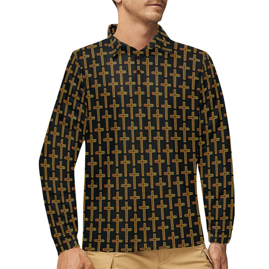 Cross Pattern Print Design 02 Long Sleeve Polo Shirt For Men's