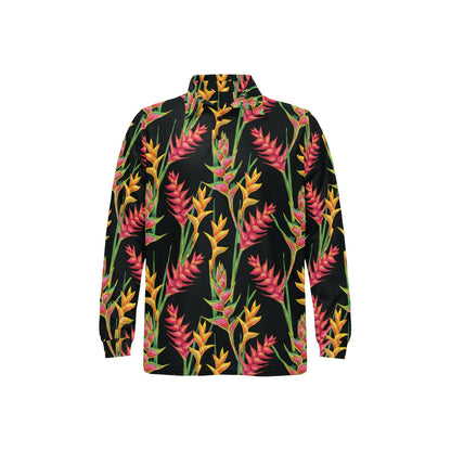 Heliconia Pattern Print Design HL01 Long Sleeve Polo Shirt For Men's