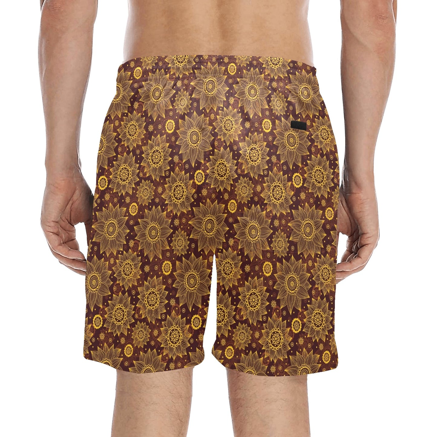 Gold Sunflower Hand Drawn Print Men's Swim Trunks Beach Shorts