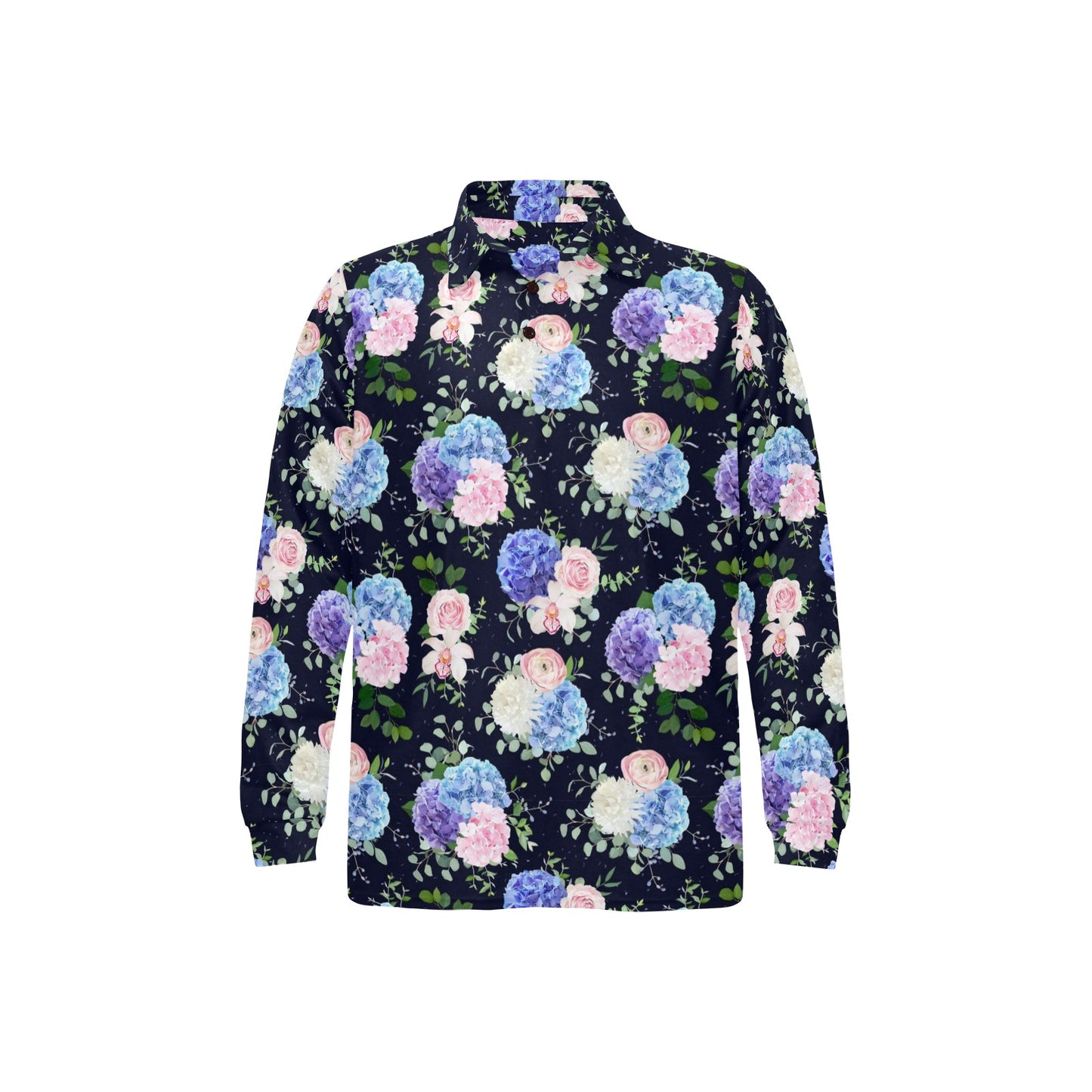 Hydrangea Pattern Print Design HD01 Long Sleeve Polo Shirt For Men's