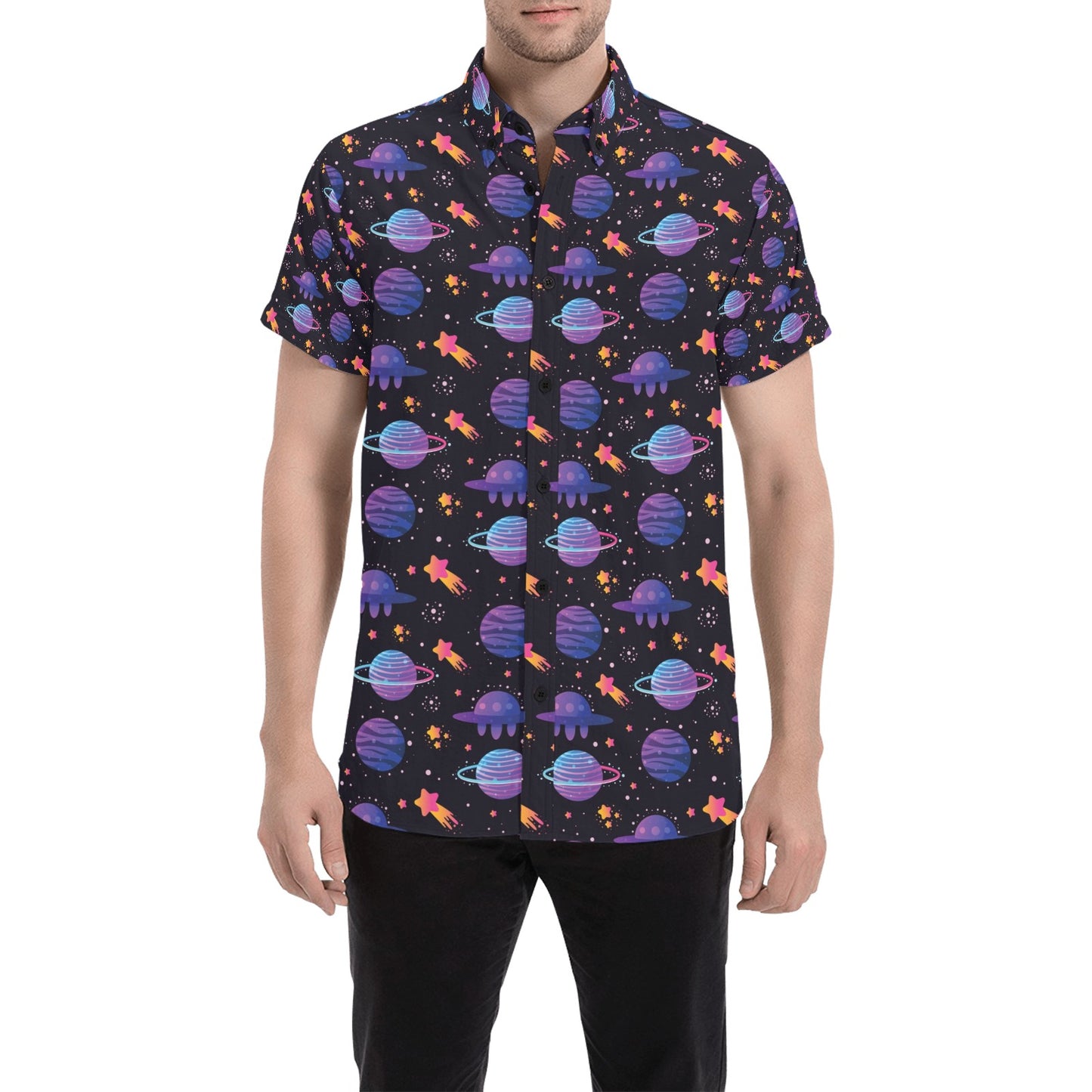 UFO Star Galaxy Print Design LKS308 Men Short Sleeve Button Up Shirt